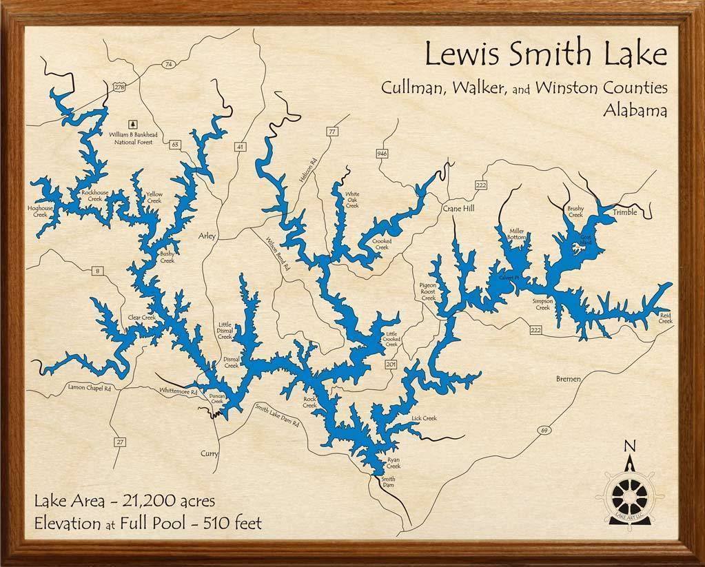 Lewis Smith Lake Map Engraved Bamboo Cutting Board 9.75x13.75 inches Alabama