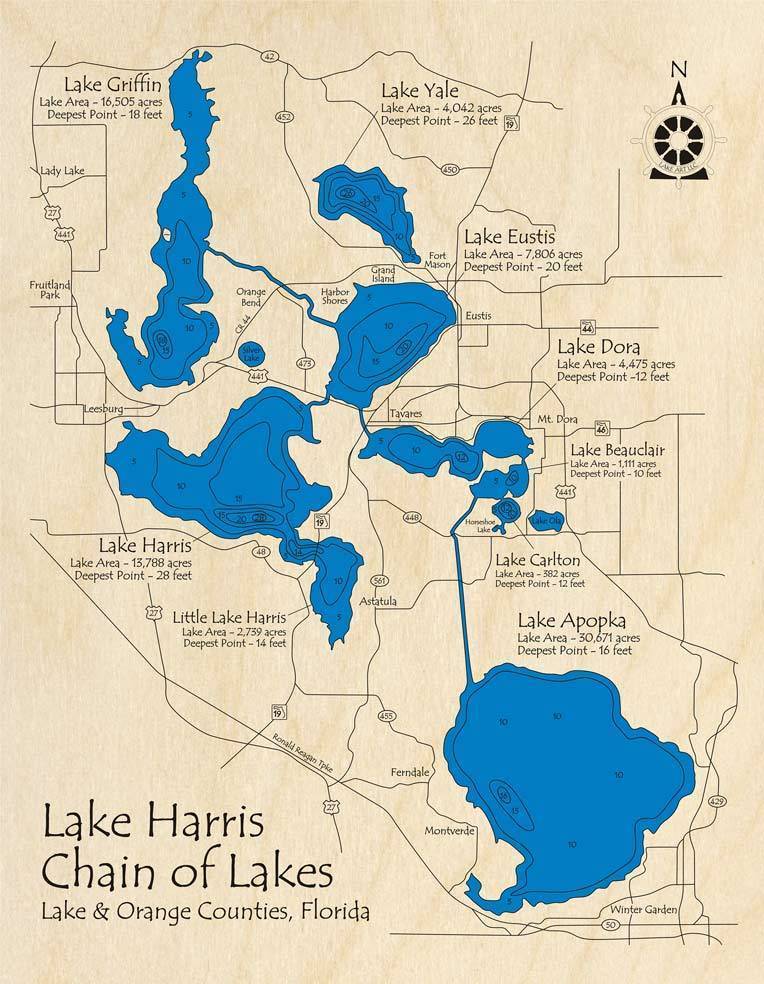 Wood Laser Cut Map of Lake Harris Florida 