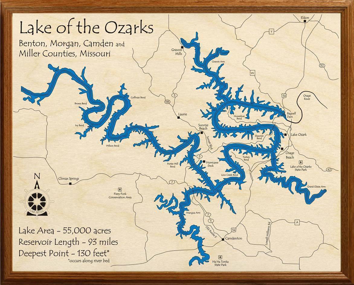 MO Wood Laser Cut Map of Lake of the Ozarks