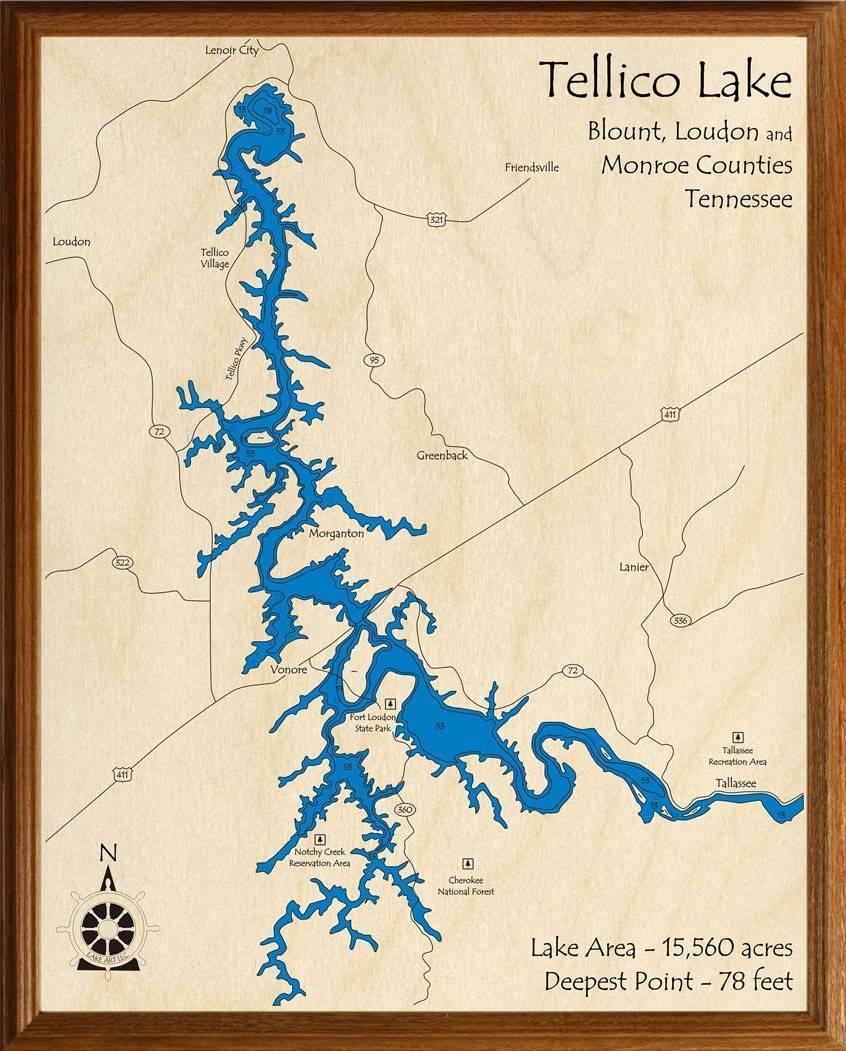 Wood Laser Cut Map of Tellico Lake Tennessee 